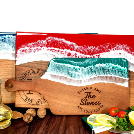 a wooden cutting board with a painting on it