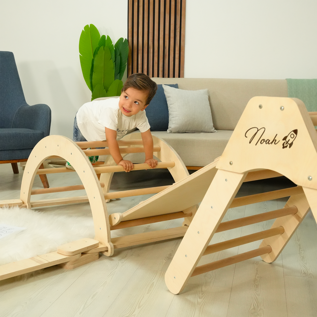 Montessori Climbing Triangle Set: Personalized Arch and Pillow, Foldable Solid Wood Toddler Gym