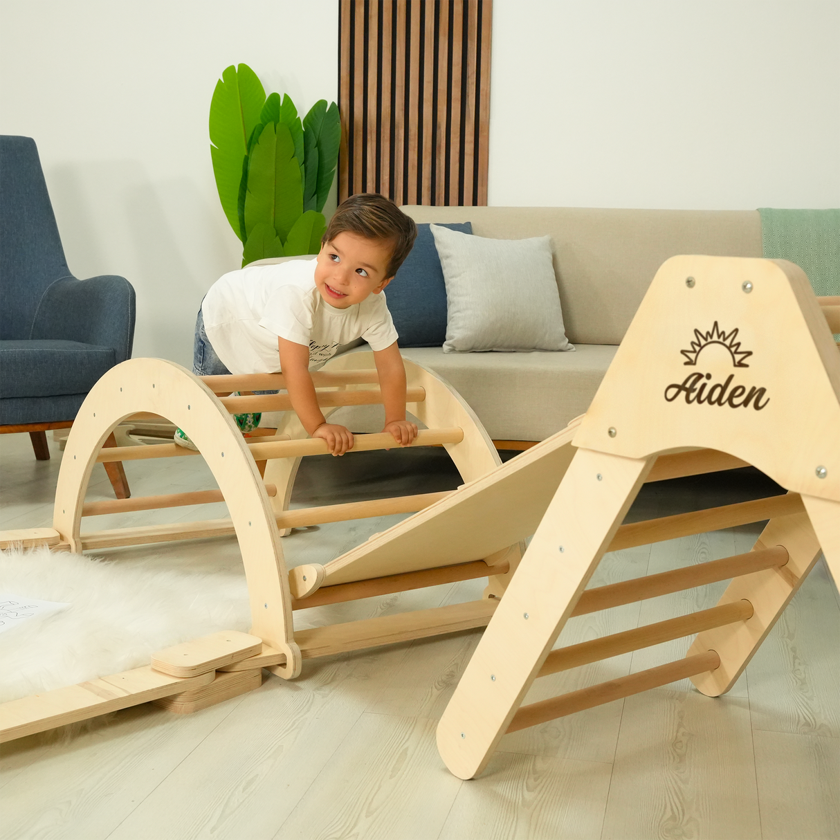 Pikler Triangle Set: Montessori Climbing Arch with Ramp, Foldable Toddler Play Equipment