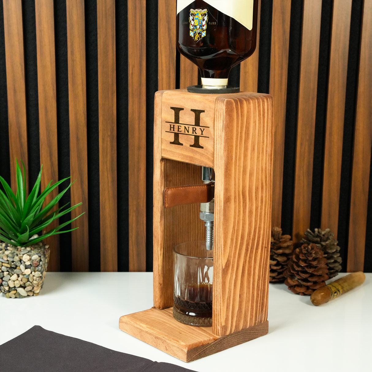 Wooden Personalized Whiskey Dispenser: Home Bar Stand with Leather Tap & Glasses