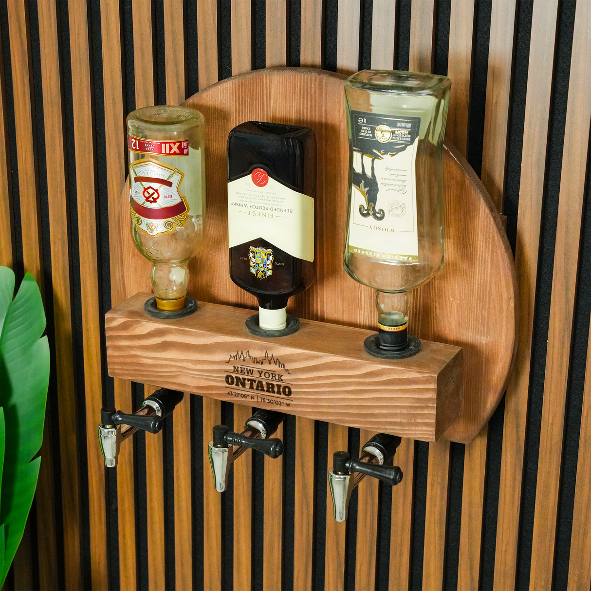 Wooden Wall Mount Whiskey Dispenser with Engraved Glass Stand: Alcohol Tap Station