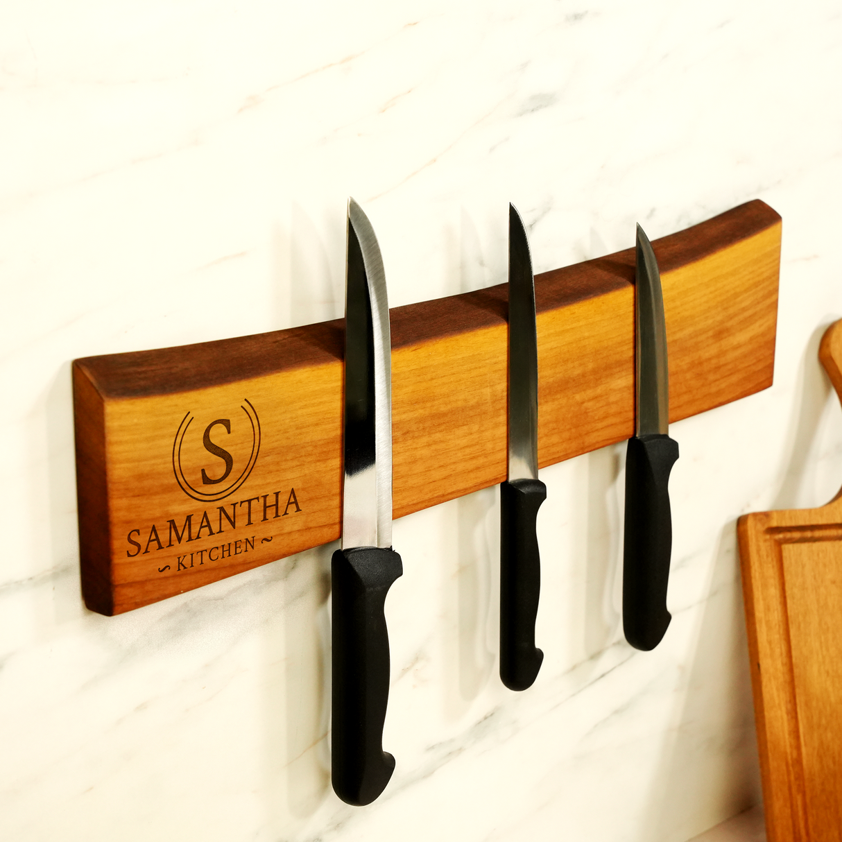 Wooden Chef Knife Display Magnetic Board: Personalized Kitchen Organizer Rack, Engraved Stand for Mom