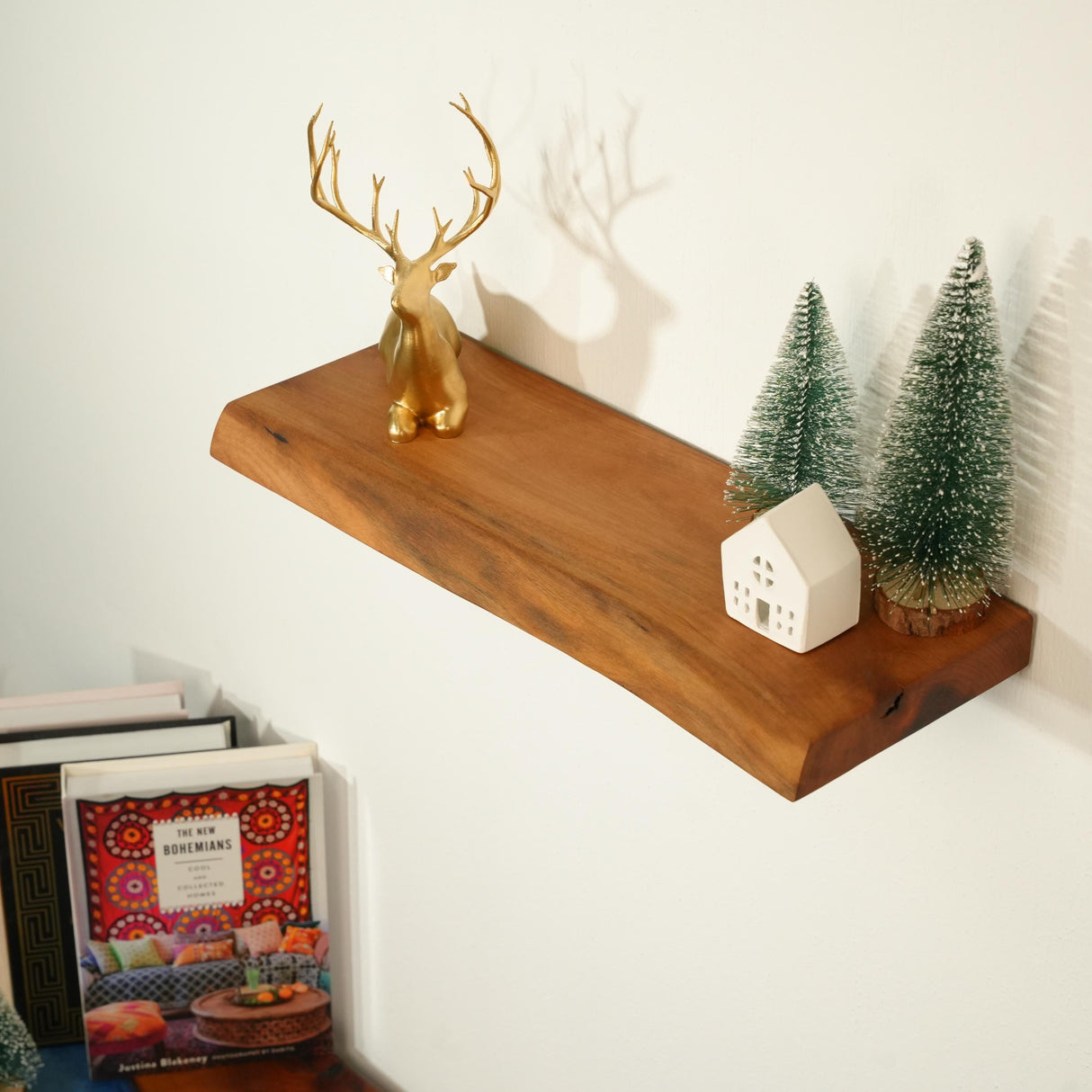 Live Edge Walnut Floating Shelf: Hidden Bracket, Handmade Solid Wooden Rack, Rustic Kitchen Design
