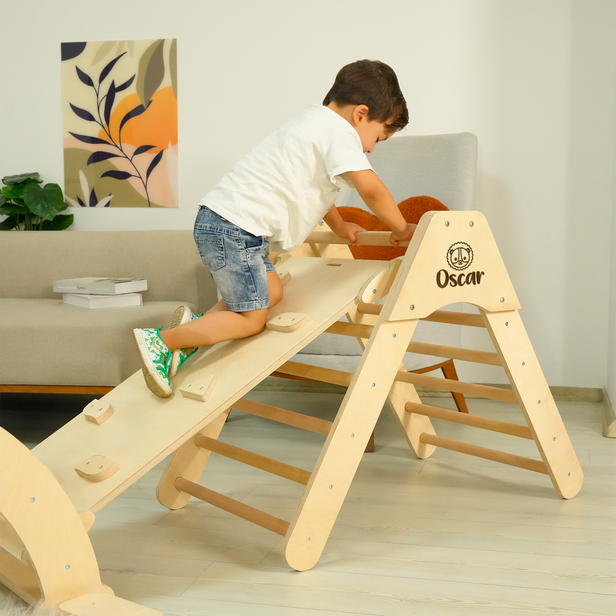 Montessori Climbing Pikler Triangle Set: Personalized Wooden Arch and Ramp, Indoor Playground