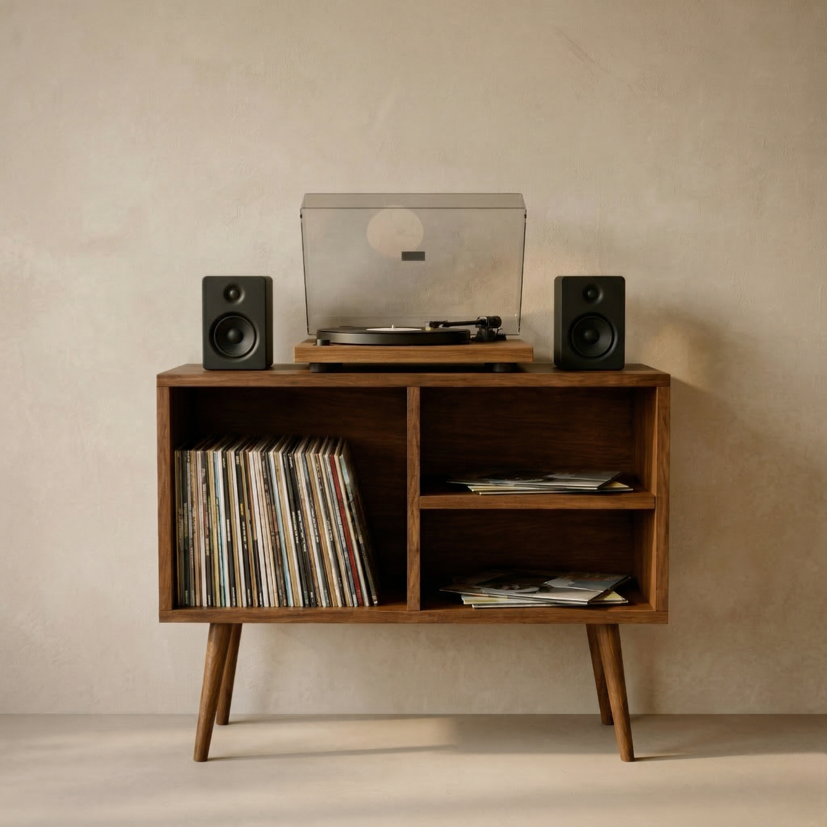 Record Player Stand with Vinyl Storage – Walnut Media Console