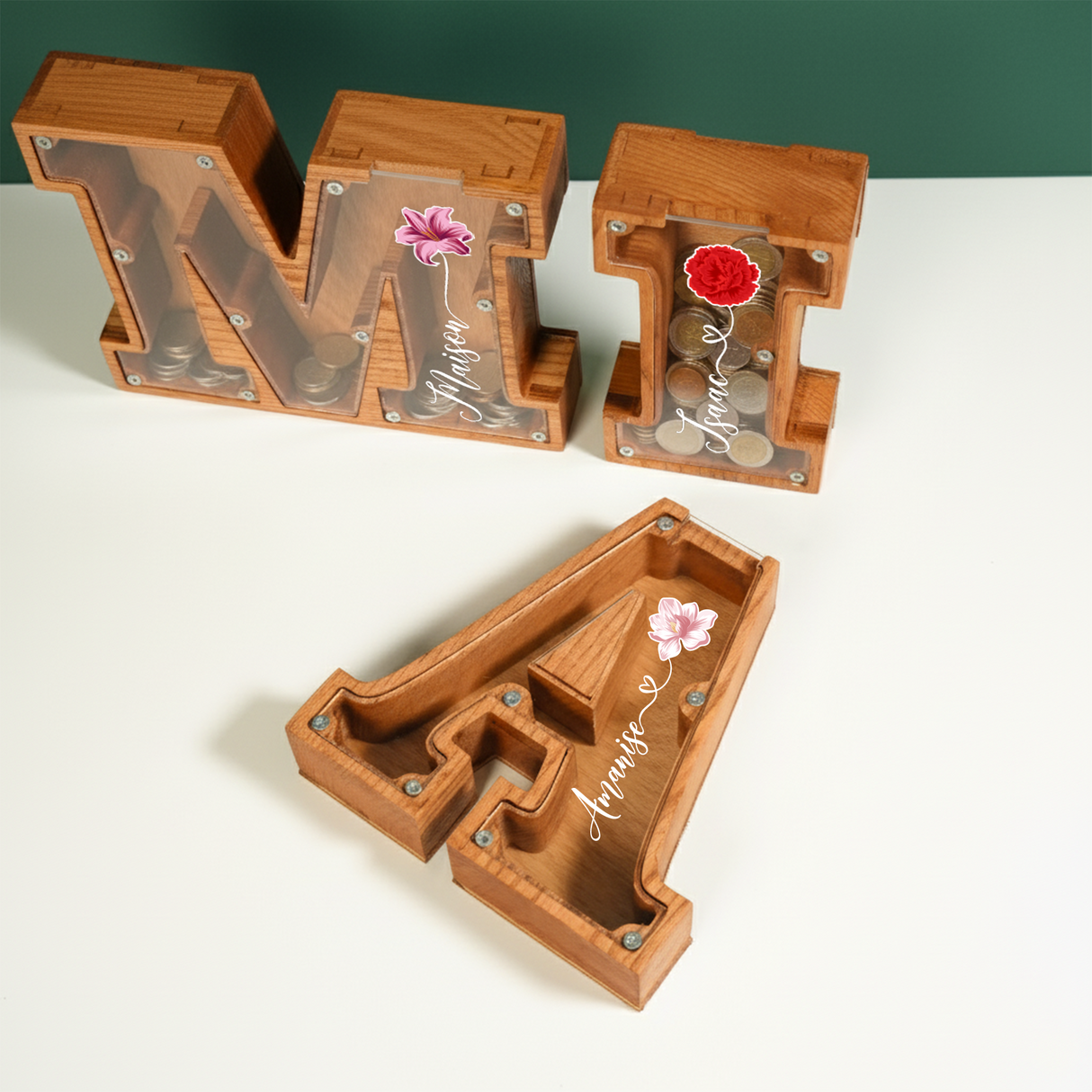 Birth Flower Letter Piggy Bank with Name: Personalized Wooden Gift for Baby Girls