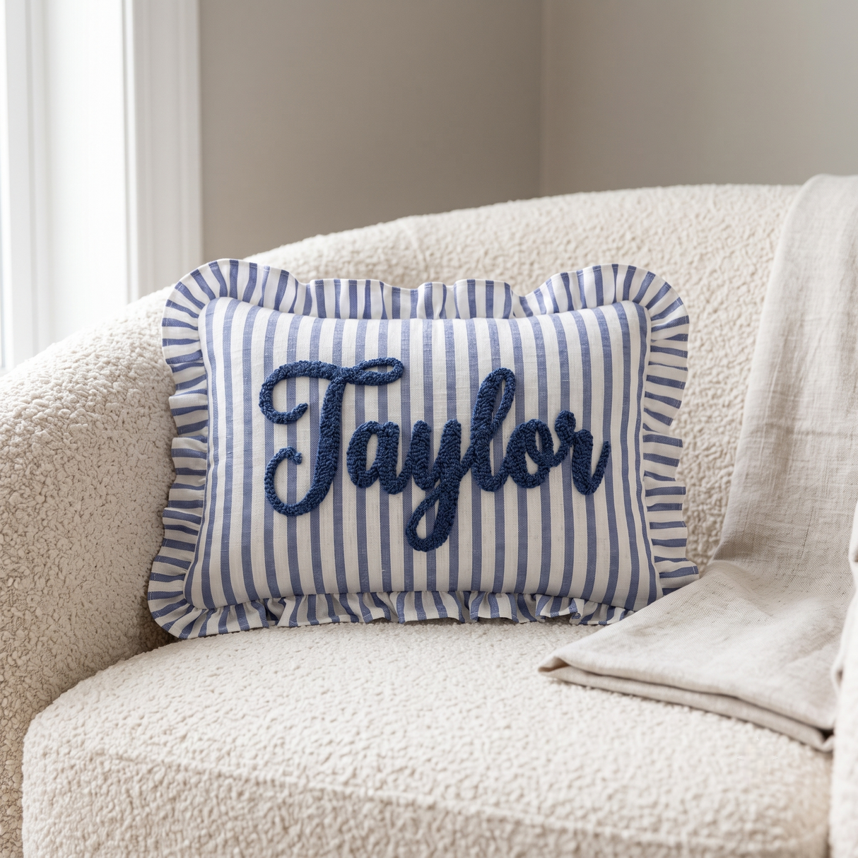 Striped Ruffle Custom Name Pillow, Personalized Nursery Cushion, Baby Newborn Gift