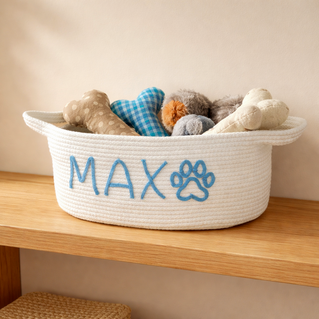 Personalized Dog Toy Storage Basket: Handwoven Cotton Rope, Pet Owner Gift