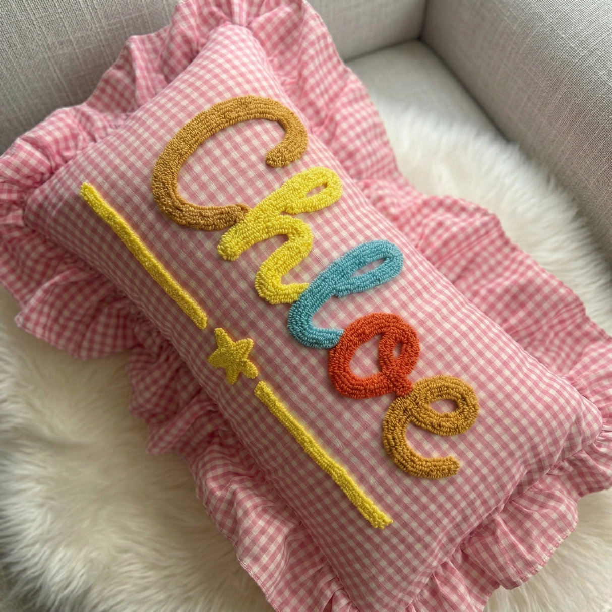 Personalized Gingham Nursery Pillow with Ruffles: Embroidered Name Baby Gift