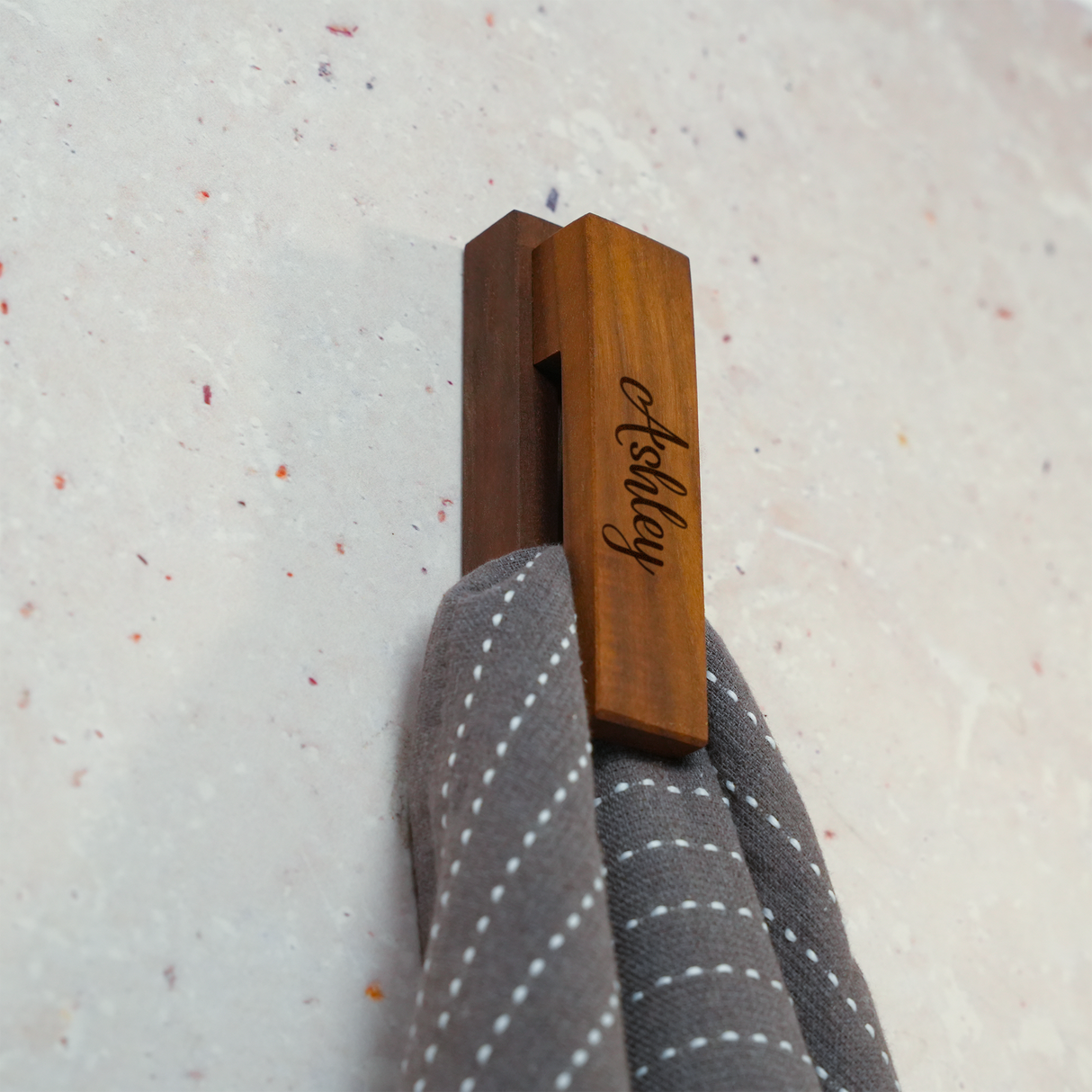 Personalized Wooden Bathroom Towel Holder: Wall Mounted Towel Clamp, Midcentury Modern Design