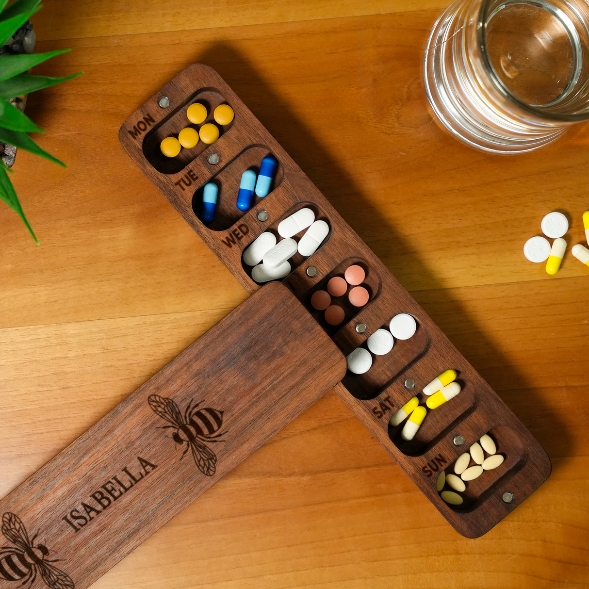 Personalized Rectangular Wood Pillbox: Custom 7 Day Medicine Holder with Lid