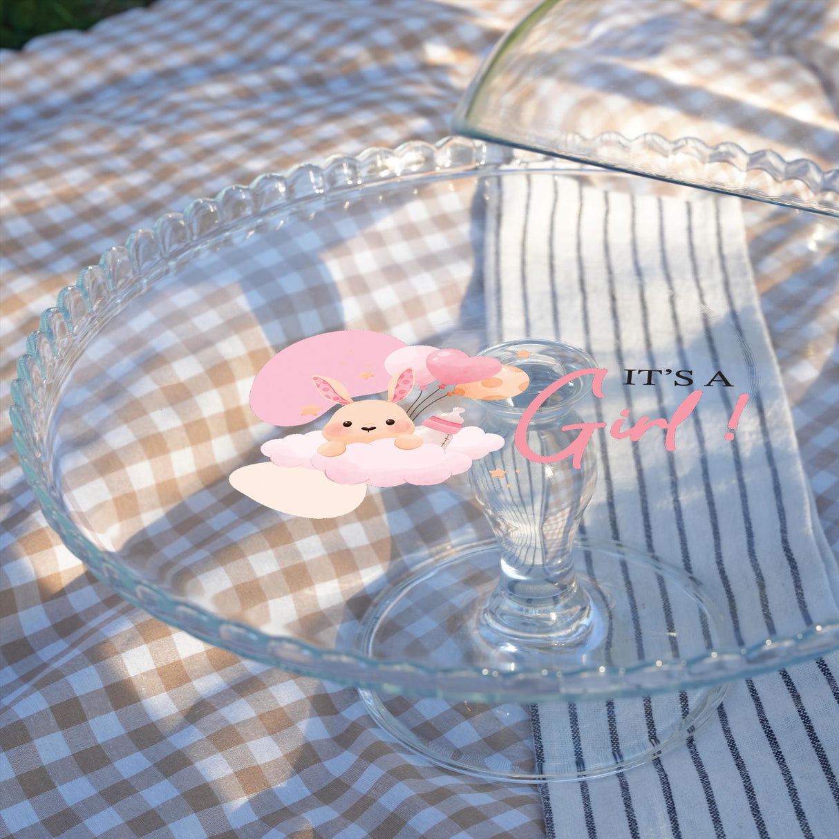Gender Reveal Cake Stand with Dome Lid: Custom He or She Baby Shower Display, Party Table Decor