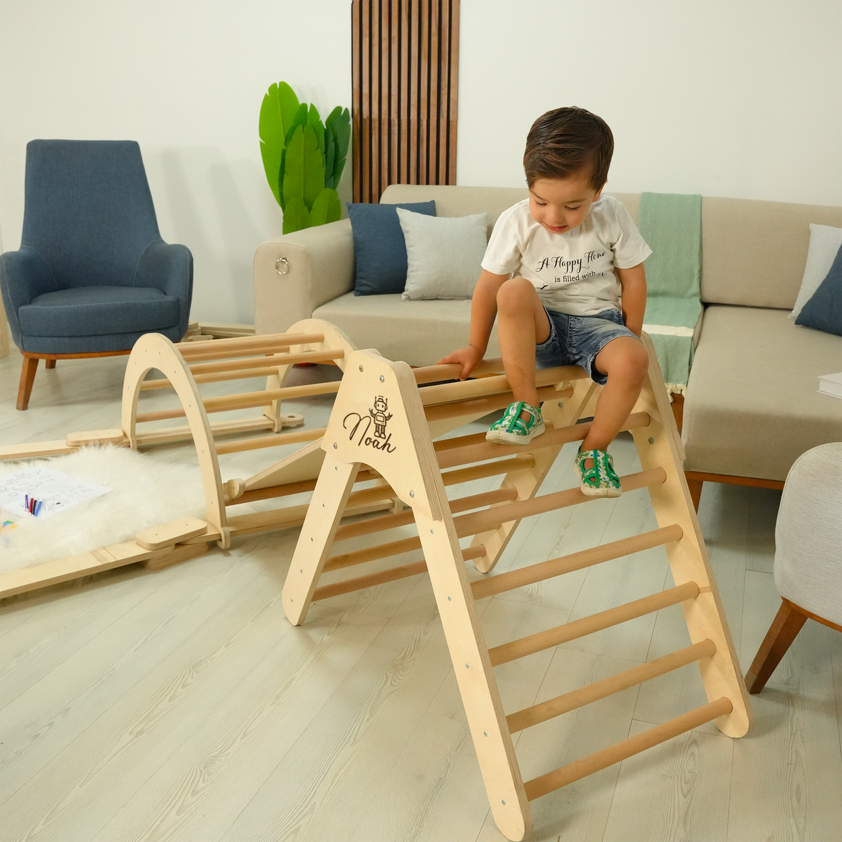 Montessori Climbing Pikler Triangle Set: Personalized Wooden Arch and Ramp, Indoor Playground