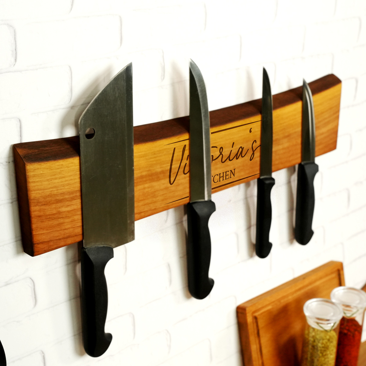 Engraved Walnut Magnetic Knife Strip: Personalized Kitchen for Grandma, Live Edge Wooden Display