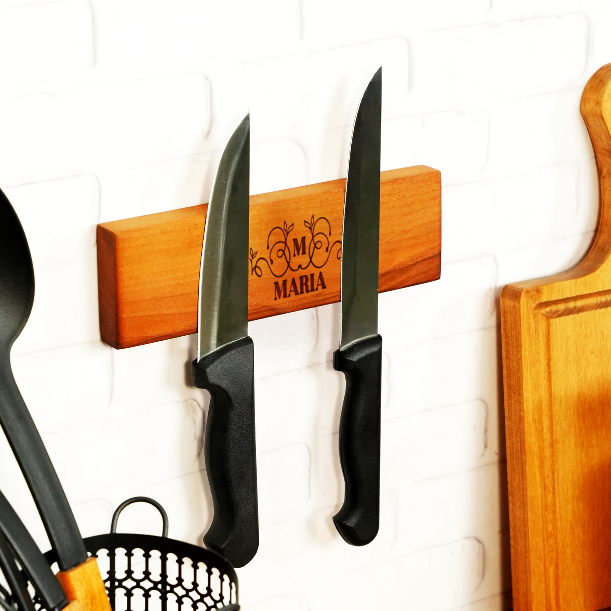 Wooden Chef Knife Display Magnetic Board: Personalized Kitchen Organizer Rack, Engraved Stand for Mom