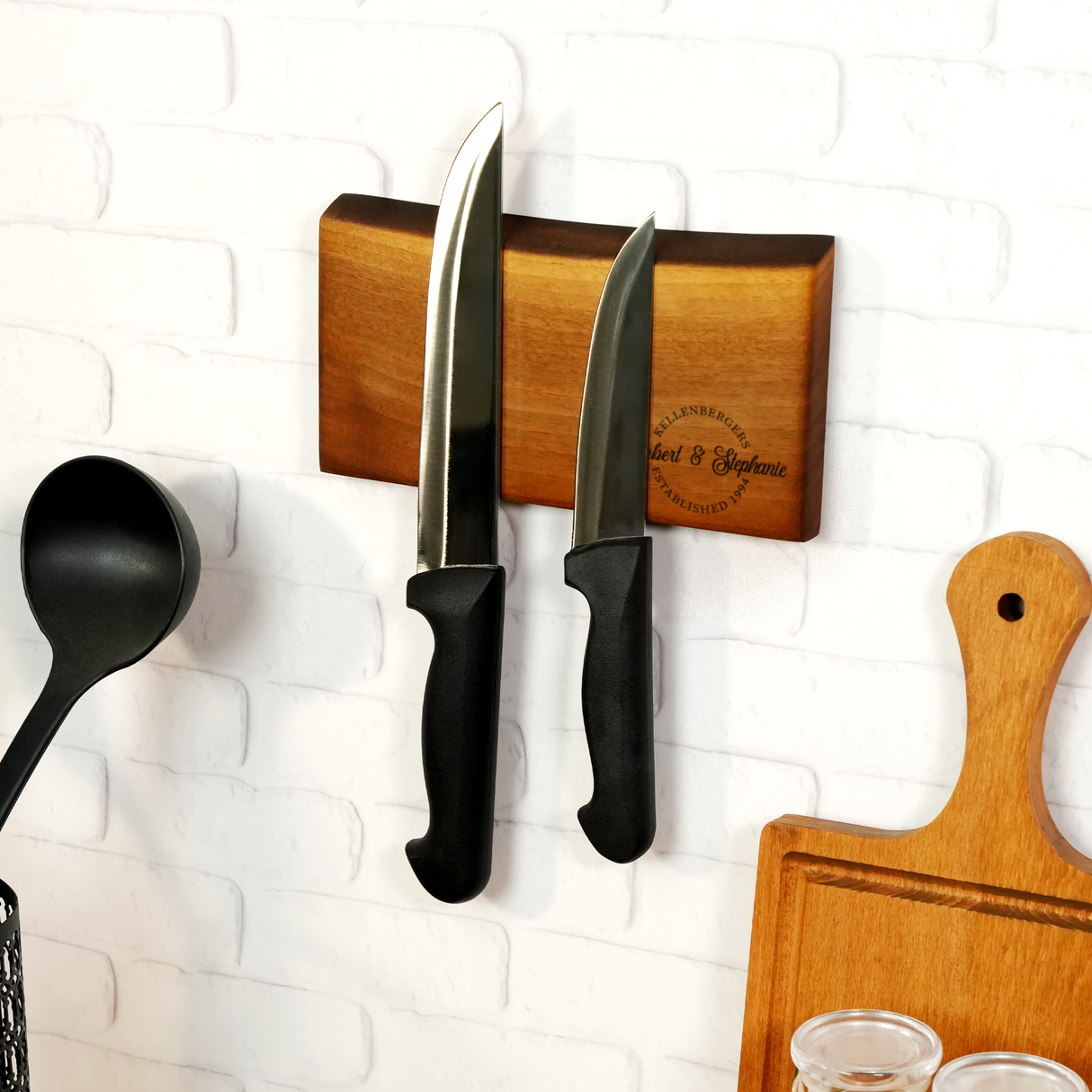 Engraved Walnut Magnetic Knife Strip: Personalized Kitchen for Grandma, Live Edge Wooden Display