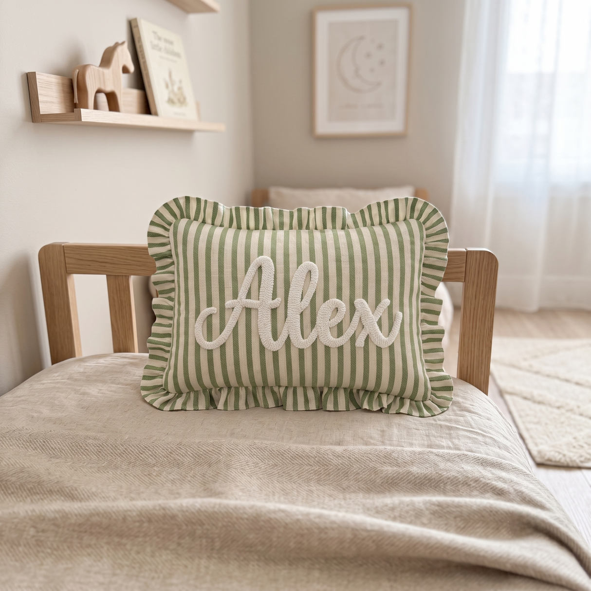 Striped Ruffle Custom Name Pillow, Personalized Nursery Cushion, Baby Newborn Gift