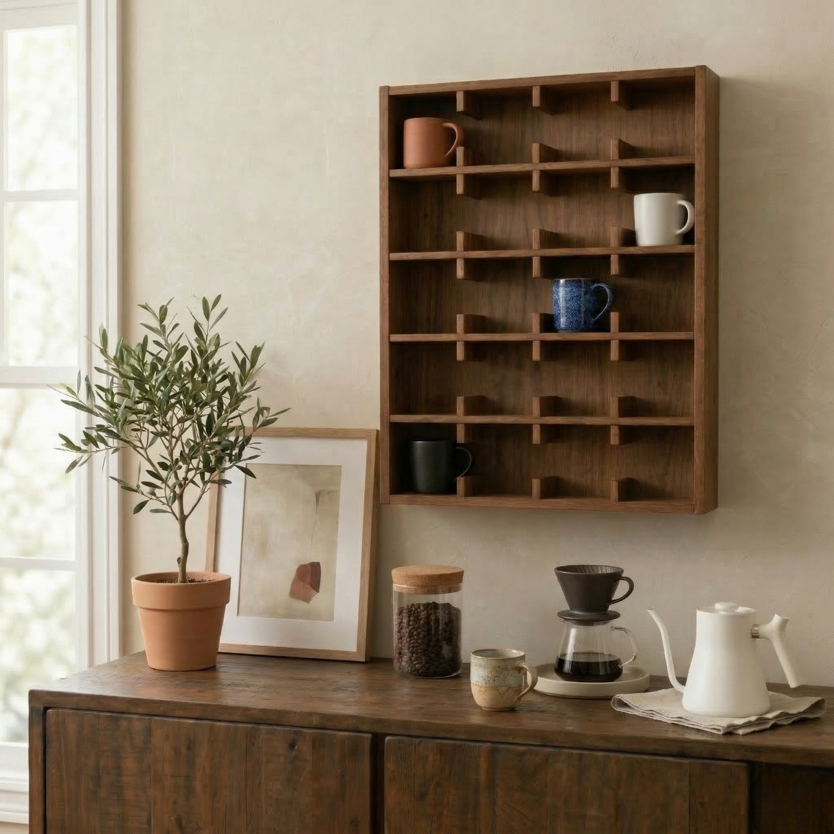 Coffee Mug Rack Wall Shelf: Wooden Cup Holder for Kitchen Coffee Station