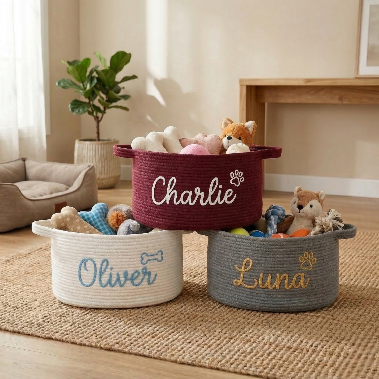 Personalized Cotton Rope Cat Basket Bed with Name: Small Pets Bed & Toy Storage