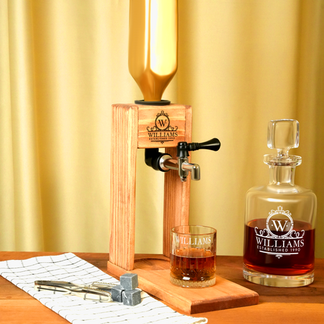 a wooden shelf with whiskey bottles and glasses
