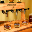 a wooden shelf with whiskey bottles and glasses