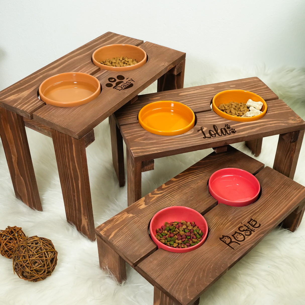 Elevated Dog Feeding Stand with Ceramic Bowls: Personalized Wooden Pet Station