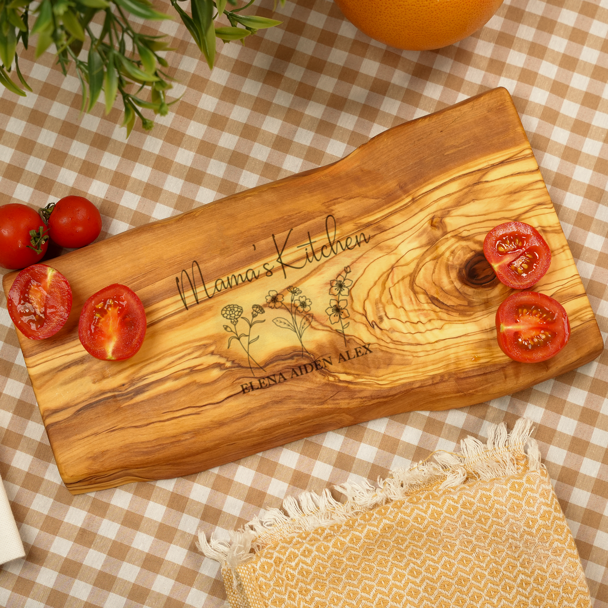 Grandma’s Garden Engraved Olive Wood Board: Live Edge Design with Grandkids Names