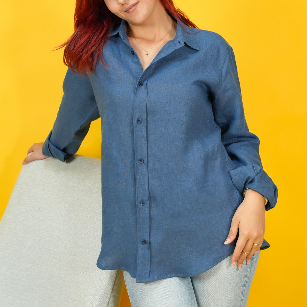 Linen Button-Up Shirt with Long Sleeves: XS to 3XL Relaxed Fit Womens Top