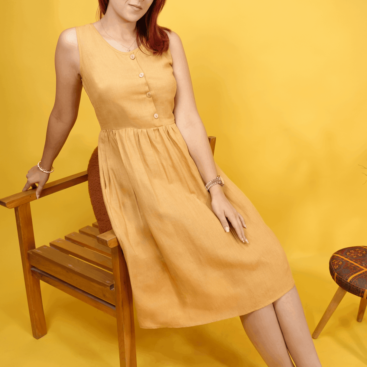 Linen Button Front Midi Dress: Sleeveless Handmade Minimalist Wardrobe