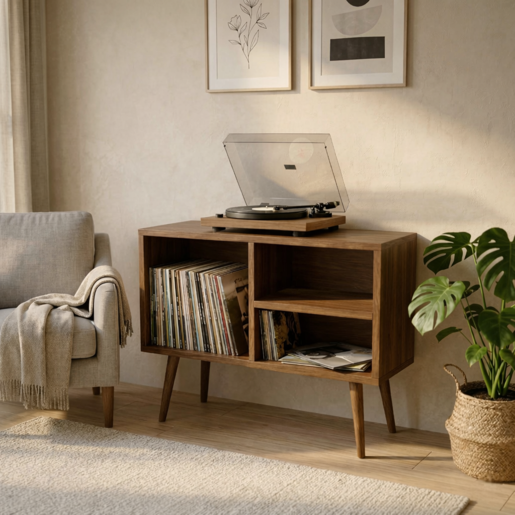 Record Player Stand with Vinyl Storage – Walnut Media Console