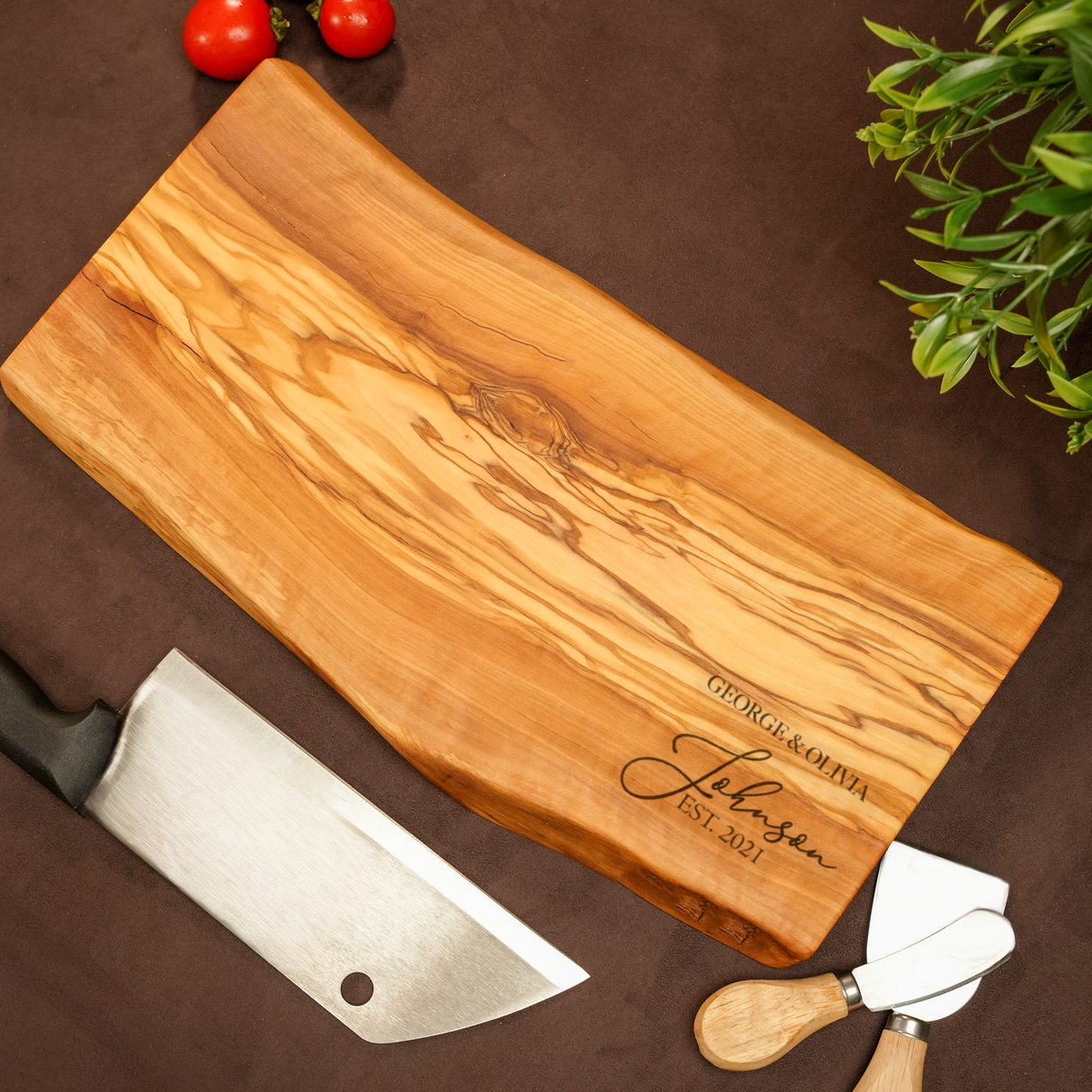 Personalized Olive Wood Cutting Board: Live Edge Charcuterie Serving Tray for Anniversary