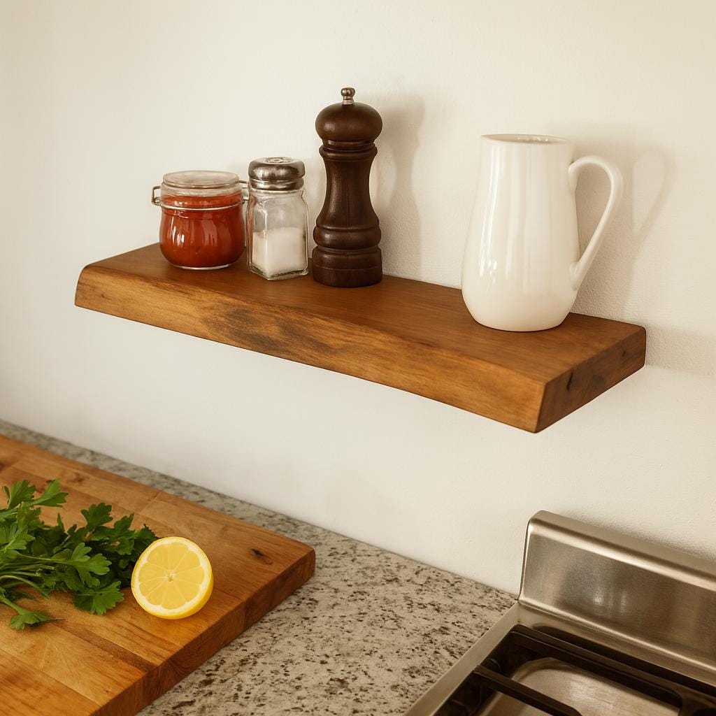 Live Edge Walnut Floating Wooden Shelf: Wall Mounted Modern Rack, Kitchen or Bathroom Storage