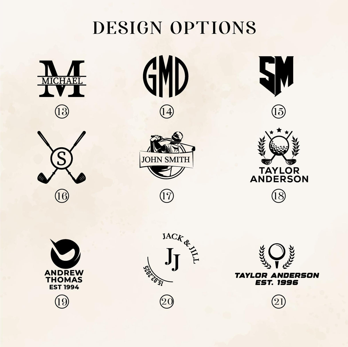 Collection of monogram and logo design options on a beige background
