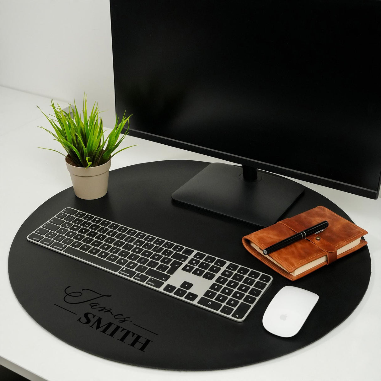 Personalized Round Mouse Pad, Leather Desk Pad, Custom Monogram Keyboard Mat, Lawyer Office Gift, Leather Desk Mat, Desk Decor for Workspace