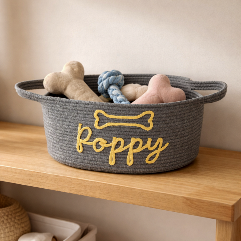 Personalized Cotton Rope Cat Basket Bed with Name: Small Pets Bed & Toy Storage