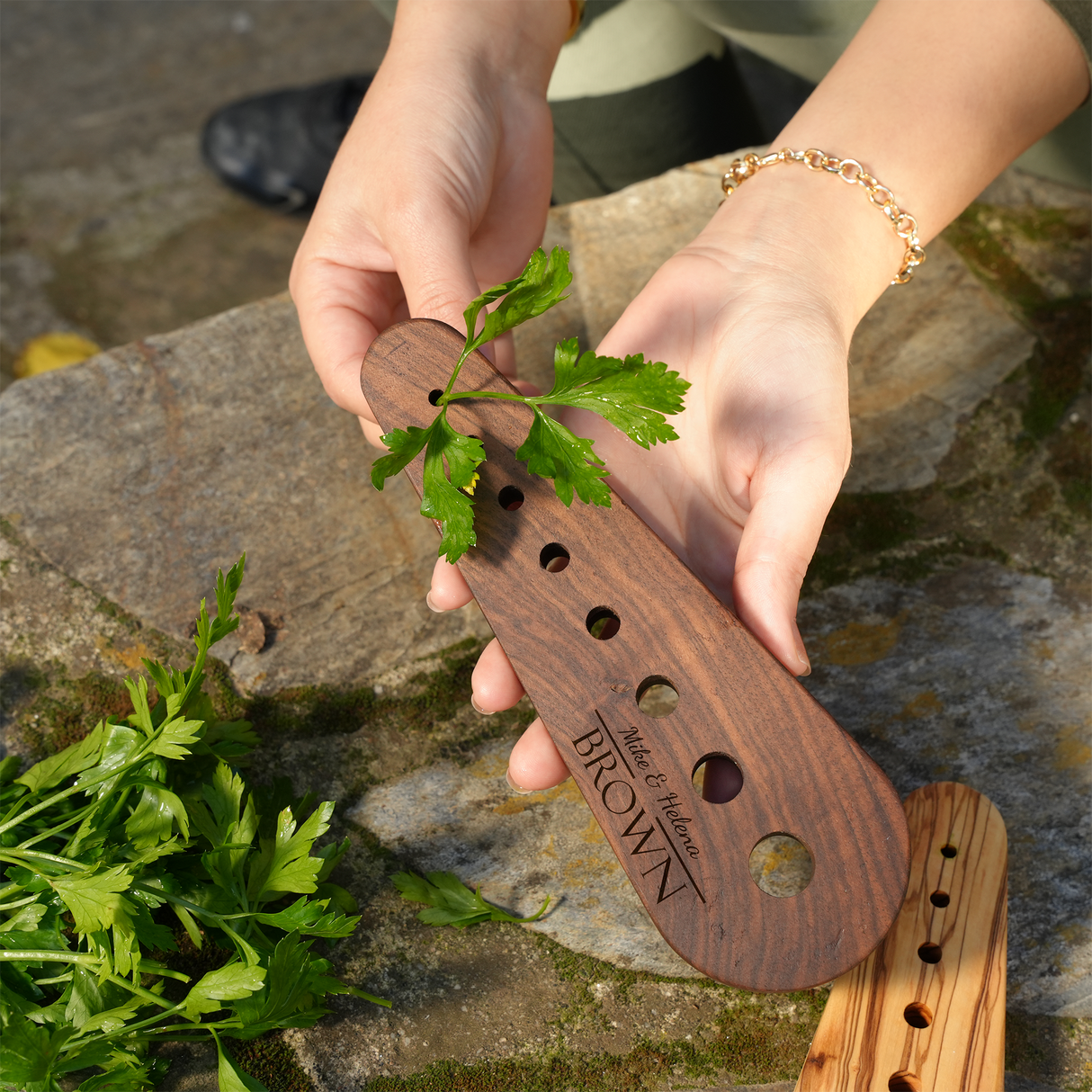Custom Olive Wood Herb Stripper: Personalized Leaf Scraper Gift for Wedding