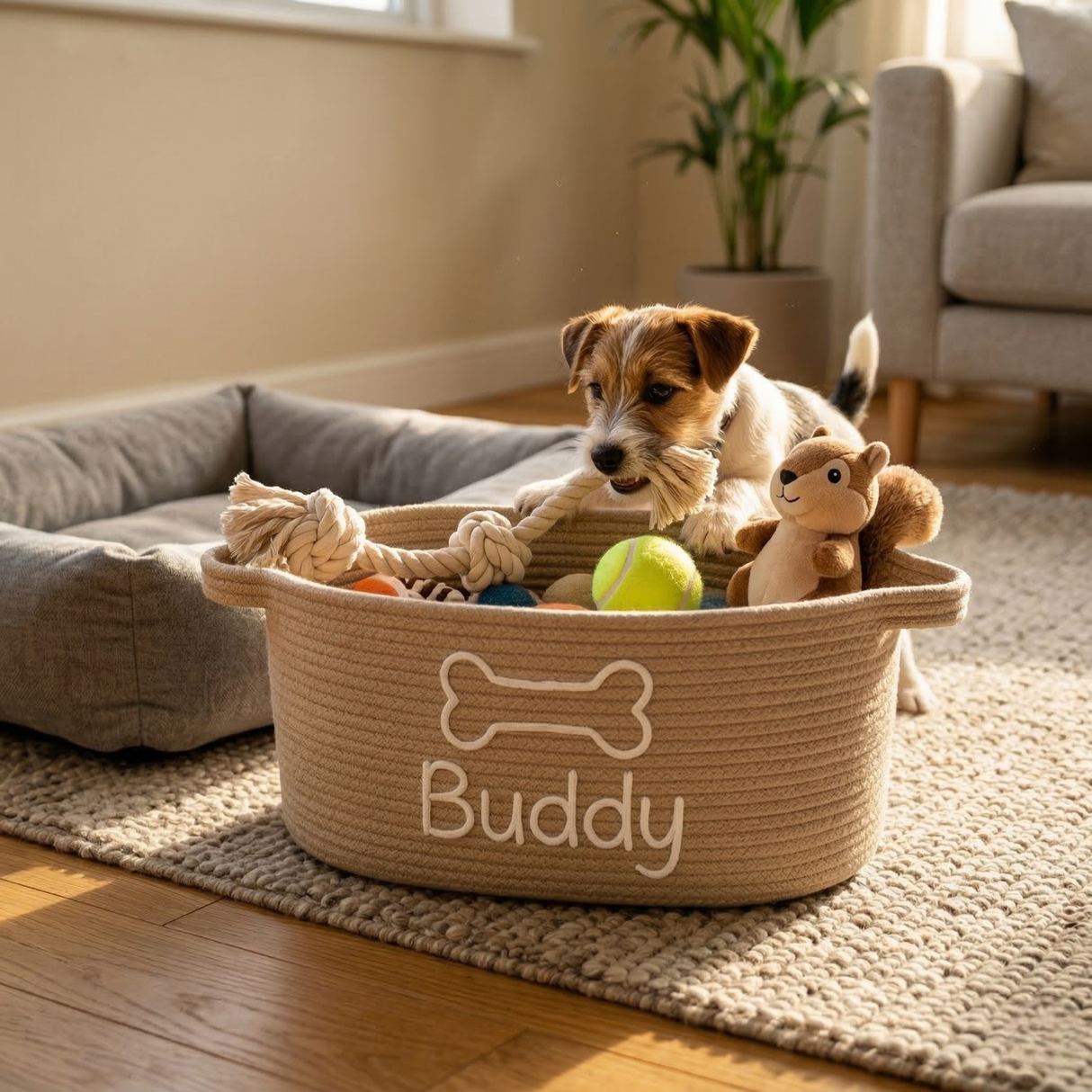 Personalized Dog Toy Storage Basket: Handwoven Cotton Rope, Pet Owner Gift