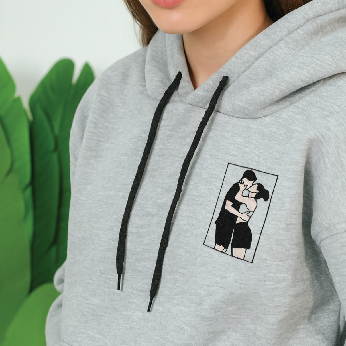 Custom Couple Portrait Sweatshirt: Embroidered Family Photo with Initials on Sleeve, Christmas Gift