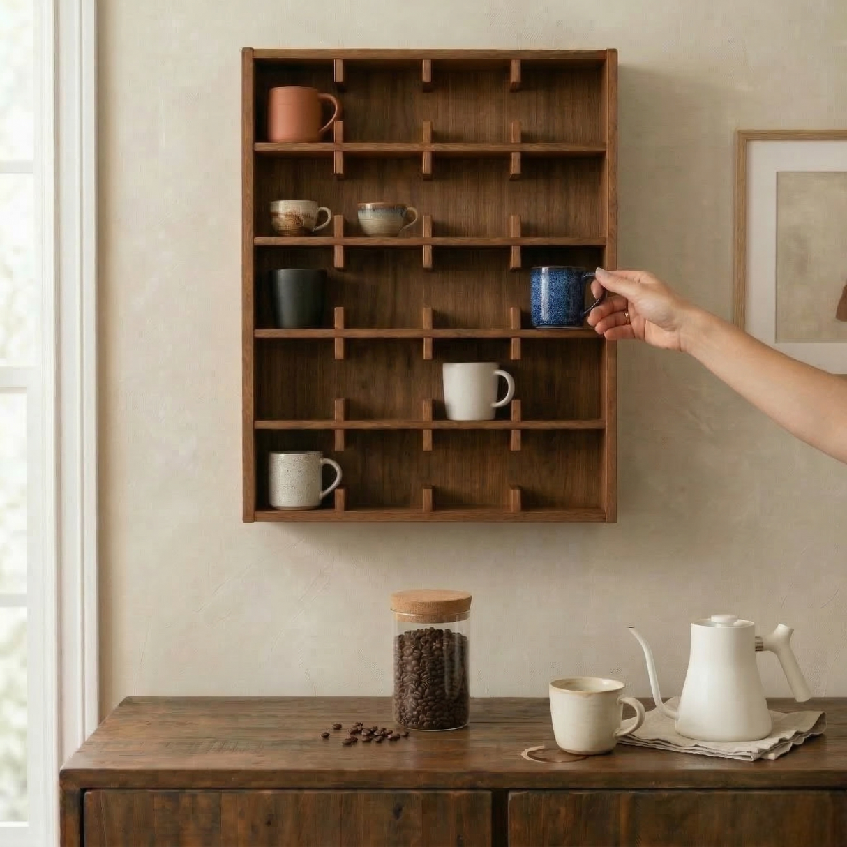 Coffee Mug Rack Wall Shelf: Wooden Cup Holder for Kitchen Coffee Station