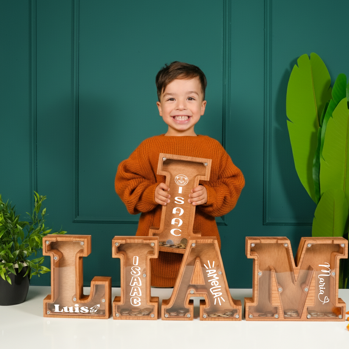 Personalized Wooden Kids Letter Piggy Bank: Custom Name Money Box, Christmas Kids Gift