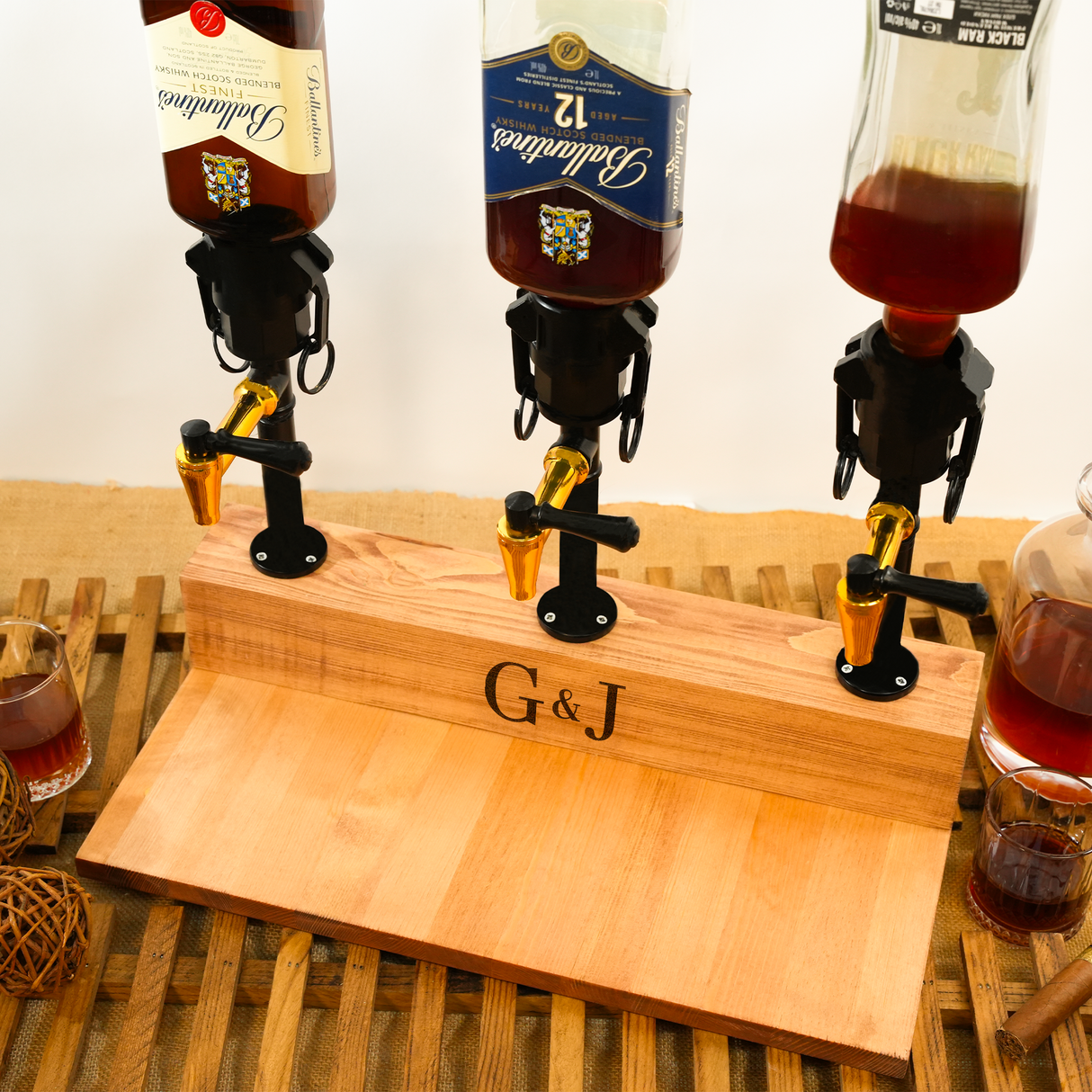 Wooden beer dispenser with four bottles of beer on a wooden stand.