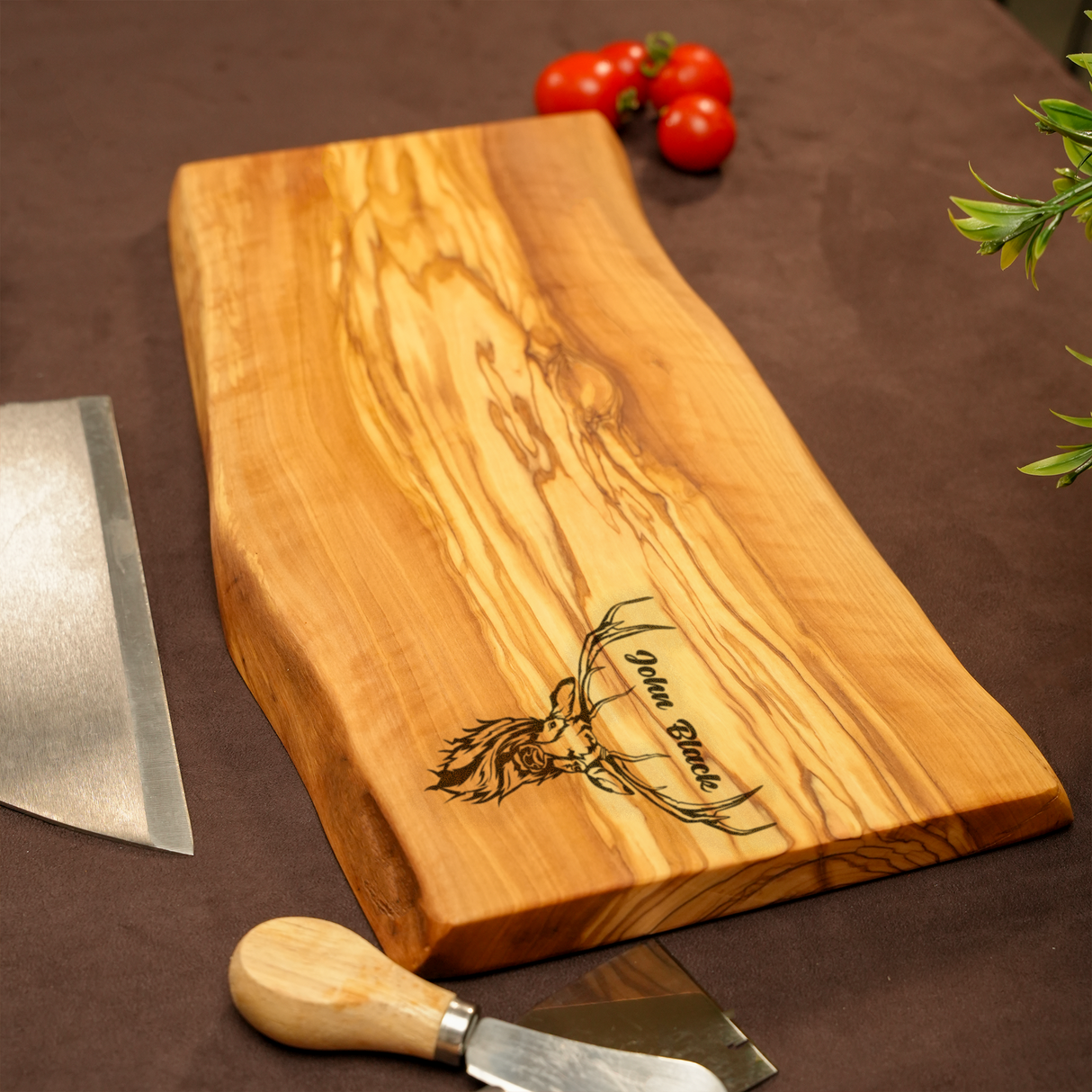 Dad’s BBQ Olive Wood Cutting Board: Live Edge Grill Board with Custom Engraving