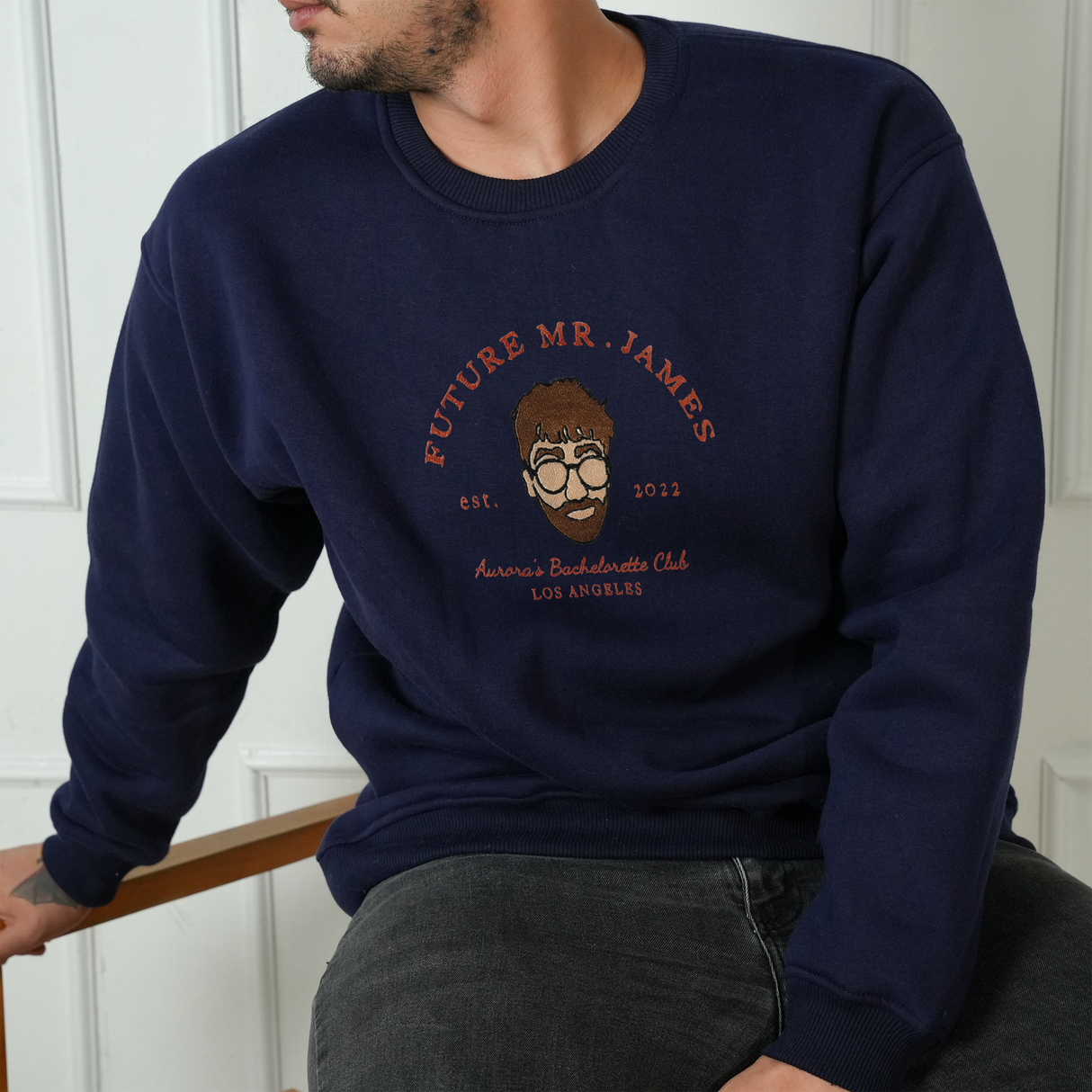 Embroidered Future Mr Last Name Sweatshirt: Custom Portrait Bachelorette Party Crewneck