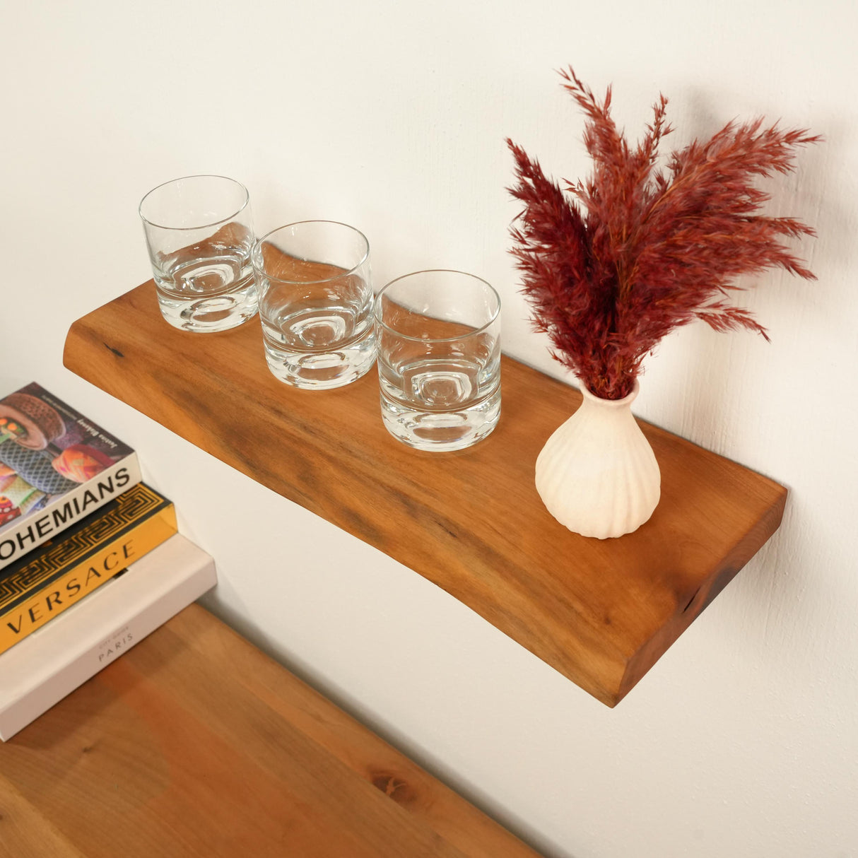 Live Edge Wooden Floating Shelf: Rustic Walnut Rack for the Kitchen or Living Room Decor