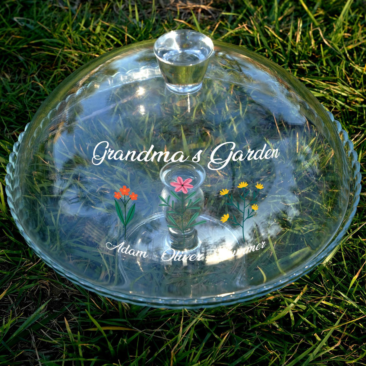 Grandma’s Garden Glass Cake Stand: Personalized Cake Dome, Clear Glass Platter for Family Kitchen