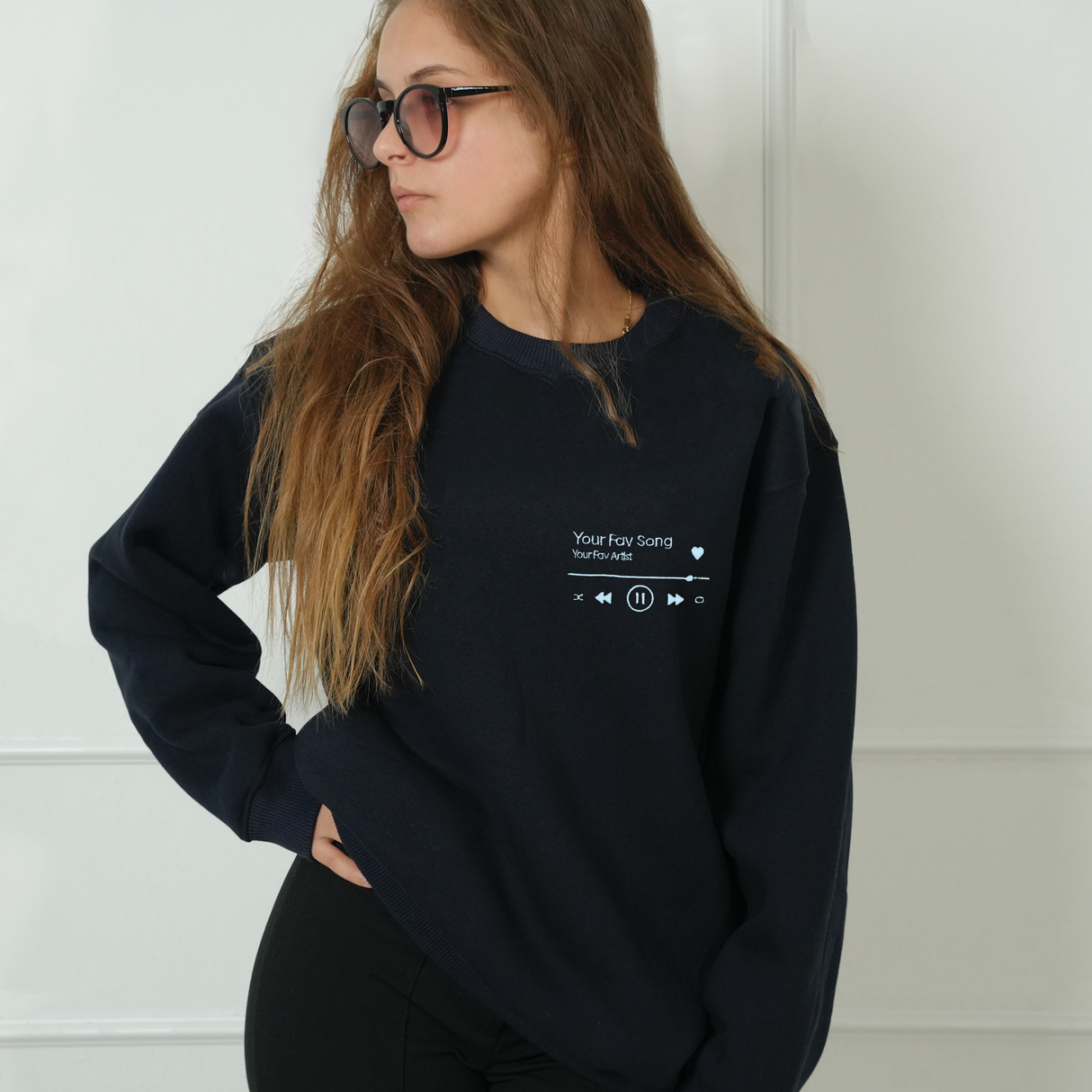 Custom Music Player Fav Song Sweatshirt: Embroidered Crewneck with Initials on Sleeve, Couple Valentines Day