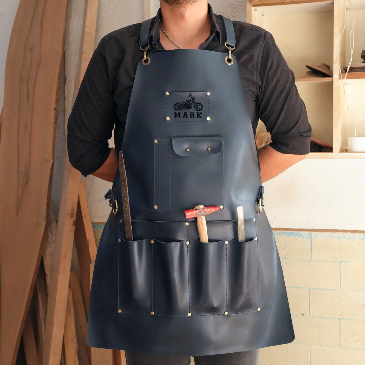 Mechanic Gift Custom Name Leather Apron with Pockets, Personalized Wood Workshop Apron, Apron for Men, Anniversary Gift, Fathers Day Gift