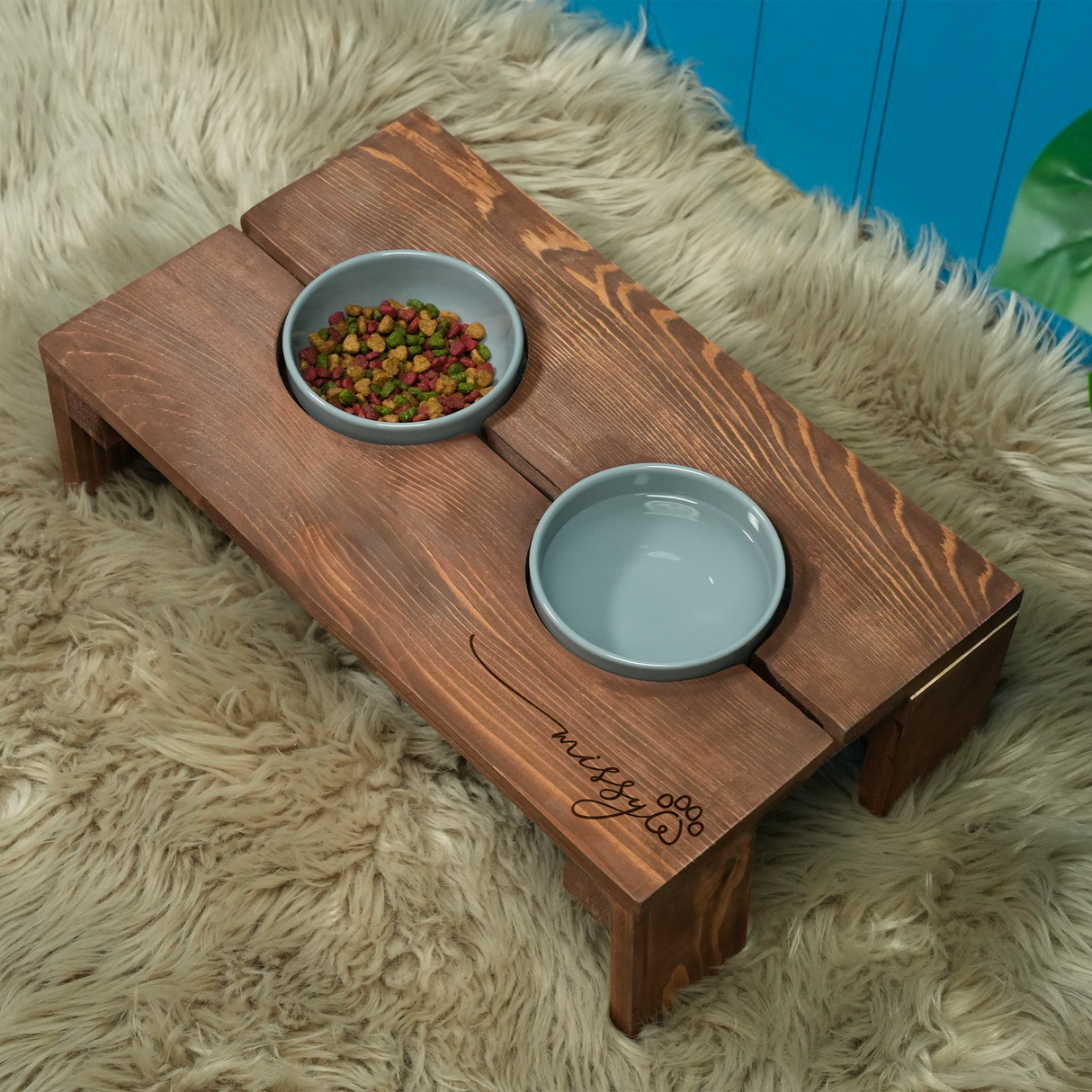 Elevated Dog Feeding Stand with Ceramic Bowls: Personalized Wooden Pet Station