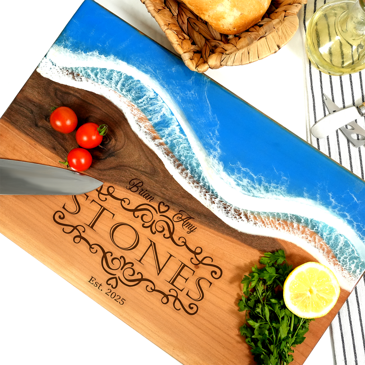 Personalized Resin Ocean Cutting Board, Christmas Gift for Couple, Wedding Gift, New Home Couple Gift, Housewarming Gift, Epoxy Walnut Board