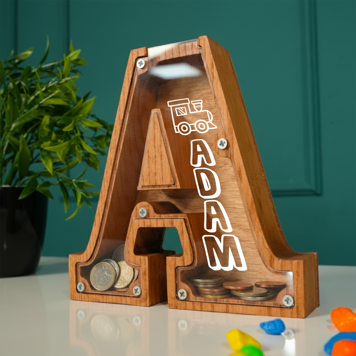 Personalized Letter Coin Bank: Custom Wooden Name Bank, Nursery Decor for Girl or Boys